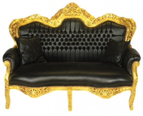 Daabadi Furniture Wholesale Classic Baroque Sofa 2-Seater Painted Gold Mahogany Leather Black