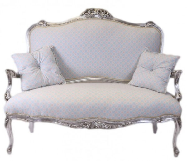 Daabadi Furniture Wholesale Classic French Provincial Sofa 2-Seater Painted Silver Mahogany Fabric White