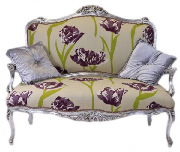 Daabadi Furniture Wholesale Classic French Provincial Sofa 2-Seater Painted Silver Mahogany Fabric Multi-Color