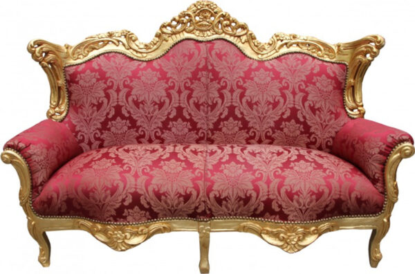 Daabadi Furniture Wholesale Classic Baroque Racoco Sofa 2-Seater Painted Gold Mahogany Fabric Red