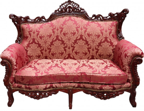 Daabadi Furniture Wholesale Classic Baroque Racoco Sofa 2-Seater Painted Walnut Brown Mahogany Fabric Red