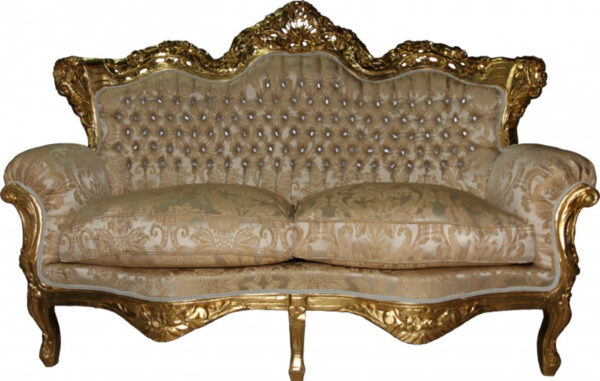 Daabadi Furniture Wholesale Classic Baroque Racoco Sofa 2-Seater Painted Gold Mahogany Fabric Beige