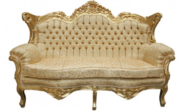 Daabadi Furniture Wholesale Classic Baroque Racoco Sofa 2-Seater Painted Gold Mahogany Fabric Yellow