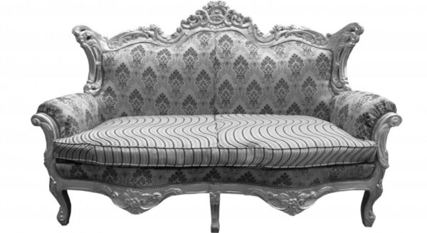 Daabadi Furniture Wholesale Classic Baroque Racoco Sofa 2-Seater Painted Antique Silver Mahogany Fabric Grey