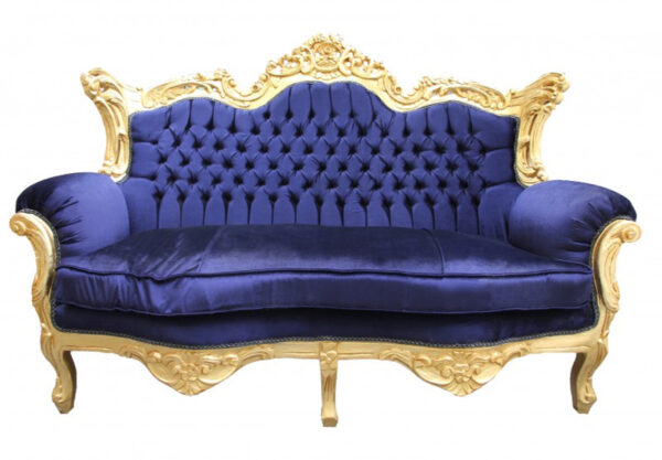 Daabadi Furniture Wholesale Classic Baroque Racoco Sofa 2-Seater Painted Gold Mahogany Fabric Blue