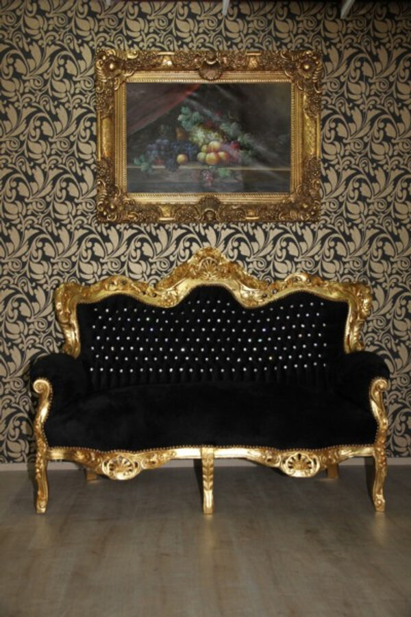 Daabadi Furniture Wholesale Classic Baroque Racoco Sofa 2-Seater Painted Gold Mahogany Fabric Black