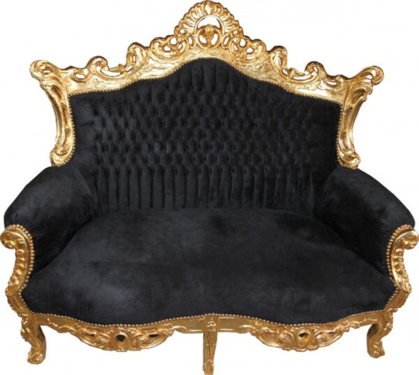 Daabadi Furniture Wholesale Classic Baroque Racoco Sofa 2-Seater Painted Gold Mahogany Fabric Black