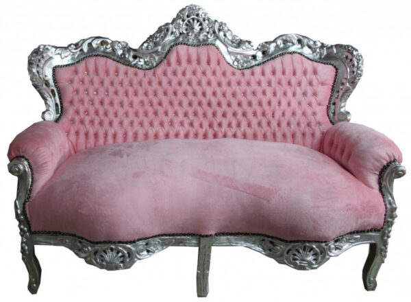 Daabadi Furniture Wholesale Classic Racoco Baroque Sofa 2-Seater Painted Silver Antique Mahogany Fabric Pink