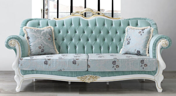 Daabadi Furniture Wholesale Classic American Sofa 2-Seater Painted White-Duco Mahogany Fabric Light Green