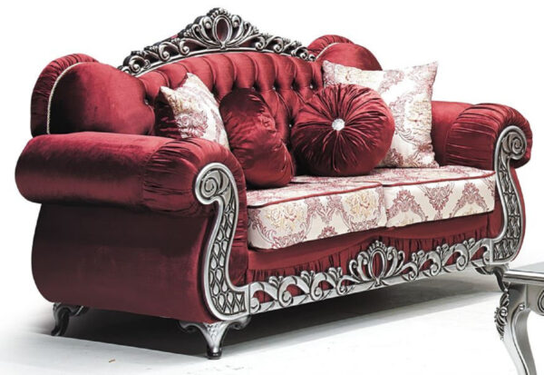 Daabadi Furniture Wholesale Classic European Sofa 2-Seater Painted Silver Mahogany Fabric Red-Velvet