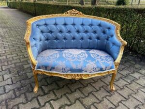 Daabadi Furniture Wholesale Classic Louise XVI Sofa 2 Seater Gold Mahogany Fabric Blue 2