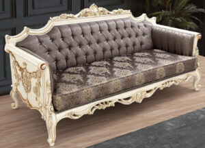 Daabadi Furniture Wholesale Classic European Sofa 2-Seater Painted White And Gold Mahogany Fabric Beige