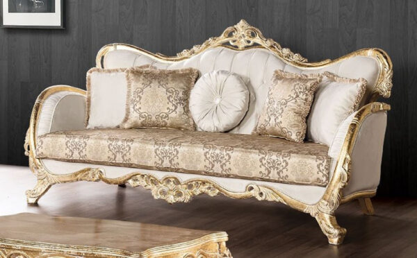 Daabadi Furniture Wholesale Classic Italian Sofa 2-Seater Painted White And Gold Mahogany Fabric Beige