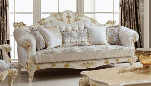 Daabadi Furniture Wholesale Classic Italian Sofa 2-Seater Painted White And Gold Mahogany Fabric Beige