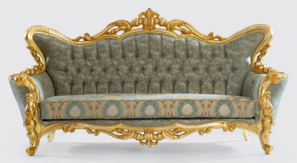 Daabadi Furniture Wholesale Classic Racoco Sofa 2-Seater Painted Gold Mahogany Fabric Green