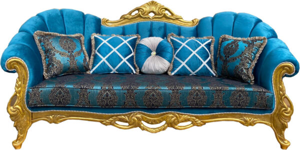 Daabadi Furniture Wholesale Classic Luxury Racoco Sofa 2-Seater Painted Antique Gold Mahogany Fabric Blue