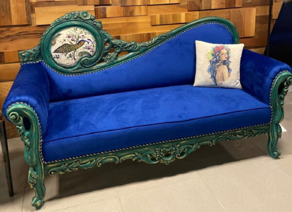 Daabadi Furniture Wholesale Classic French Louise Sofa 2-Seater Painted Antique Green Mahogany Fabric Multi-Color