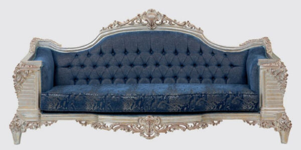 Daabadi Furniture Wholesale Classic European Sofa 2-Seater Painted Antique White Mahogany Fabric Blue