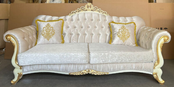 Daabadi Furniture Wholesale Classic Baroque Sofa 2-Seater Painted Antique White Duco Mahogany Fabric Beige