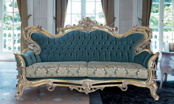 Daabadi Furniture Wholesale Classic Baroque Sofa 2-Seater Painted Antique Gold Mahogany Fabric Beige