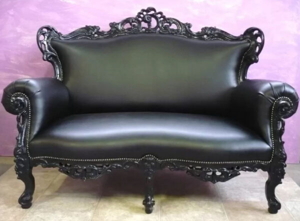 Daabadi Furniture Wholesale Classic Baroque Sofa 2-Seater Painted Black-Duco Mahogany Leather Black