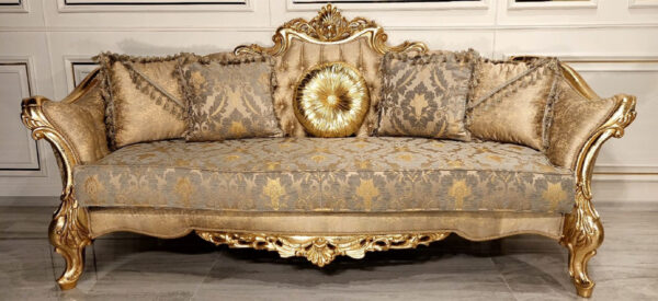 Daabadi Furniture Wholesale Classic Baroque Sofa 2-Seater Painted Antique Gold Mahogany Fabric Beige