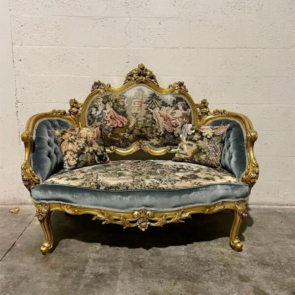 Daabadi Furniture Wholesale Classic Century French Louis XVI Sofa 2 Seater Gold Mahogany Fabric Multi-Color 26