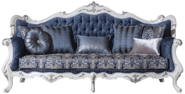 Daabadi Furniture Wholesale Classic Luxury Baroque Sofa 2-Seater Painted White-Duco Mahogany Fabric Blue