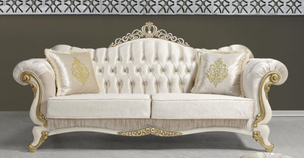 Daabadi Furniture Wholesale Classic Luxury Baroque Sofa 2-Seater Painted White-Duco Mahogany Fabric White