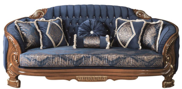 Daabadi Furniture Wholesale Classic Luxury Baroque Sofa 2-Seater Painted Antique Brown Mahogany Fabric Dark Blue