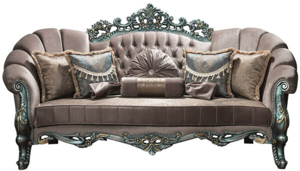 Daabadi Furniture Wholesale Classic Luxury Baroque Sofa 2-Seater Painted Antique Green Mahogany Fabric Beige
