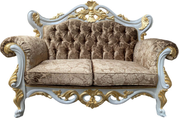 Daabadi Furniture Wholesale Classic Baroque Sofa 2-Seater Painted White-Duco Mahogany Fabric Beige