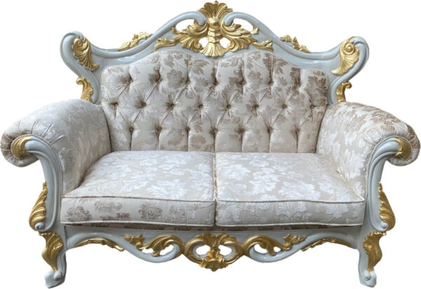 Daabadi Furniture Wholesale Classic Baroque Sofa 2-Seater Painted White-Duco Mahogany Fabric Beige