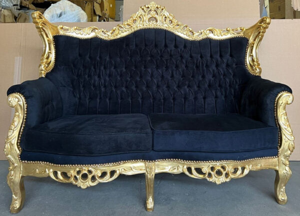 Daabadi Furniture Wholesale Classic Baroque Sofa 2-Seater Painted Gold Mahogany Fabric Black