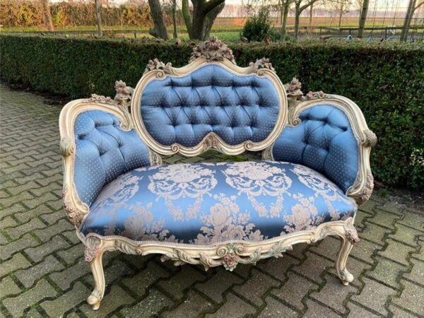 Daabadi Furniture Wholesale Classic Louise XVI Sofa 2 Seater Painted White-Cream Mahogany Fabric Blue 30