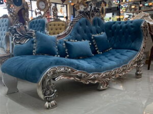 Daabadi Furniture Wholesale Classic Luxury Sofa 2 Seater Painted Silver Mahogany Fabric Blue Velvet 33