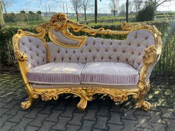 Daabadi Furniture Wholesale Classic Racoco Sofa 2 Seater Painted Gold Mahogany Fabric Pink 35