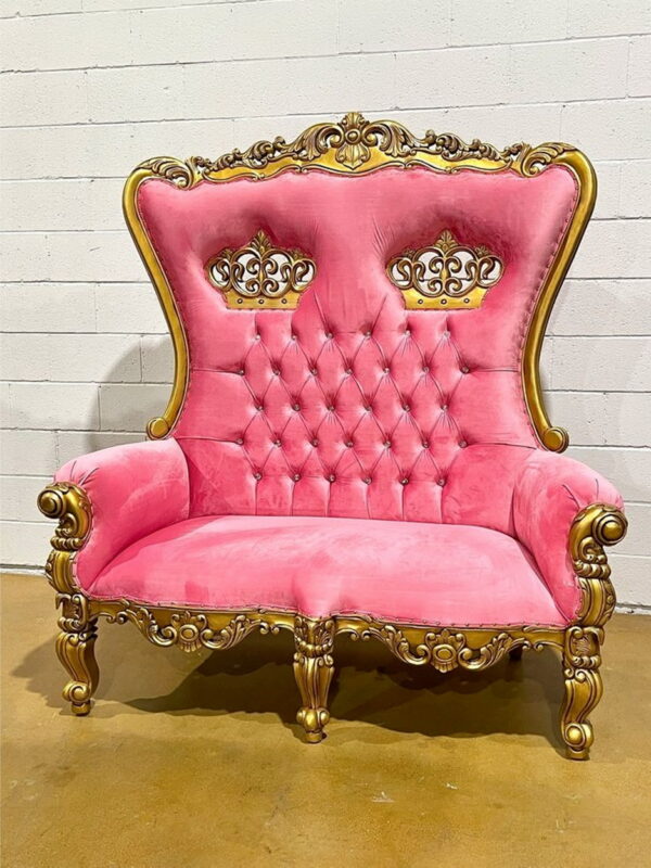 Daabadi Furniture Wholesale Classic Throne Sofa 2 Seater Painted Gold Mahogany Leather Pink 36