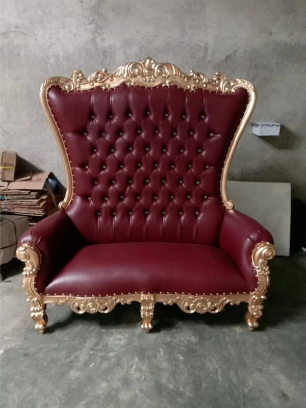 Daabadi Furniture Wholesale Classic Throne Sofa 2 Seater Painted Gold Mahogany Leather Red 44