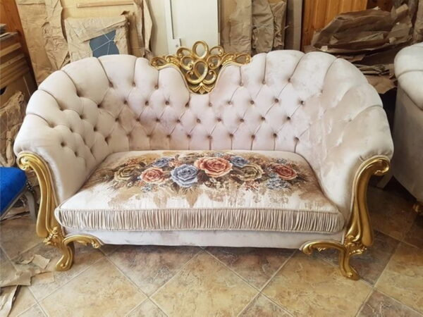 Daabadi Furniture Wholesale Classic Louise Sofa 2 Seater Painted Gold Mahogany Fabric Beige 45