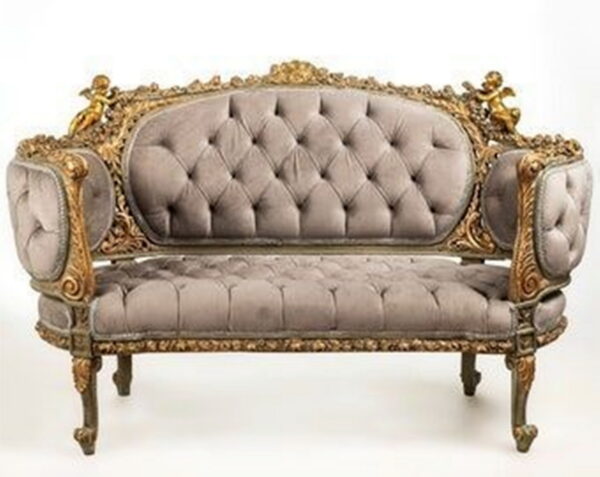 Daabadi Furniture Wholesale Classic Vintage Racoco Sofa 2 Seater Painted Gold Mahogany Fabric Beige 48