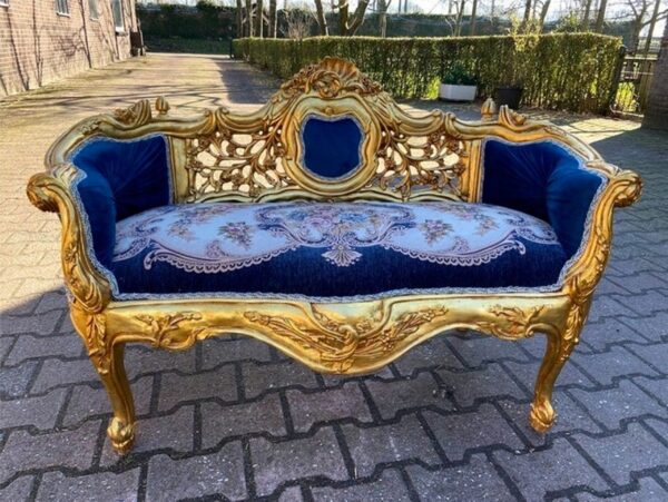 Daabadi Furniture Wholesale Classic Late 20th Century French Louis XVI Sofa 2 Seater Gold Mahogany Fabric Blue 5