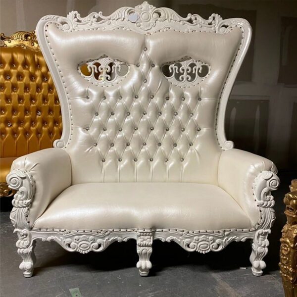 Daabadi Furniture Wholesale Classic Throne Sofa 2-Seater Painted Gold Mahogany Leather White