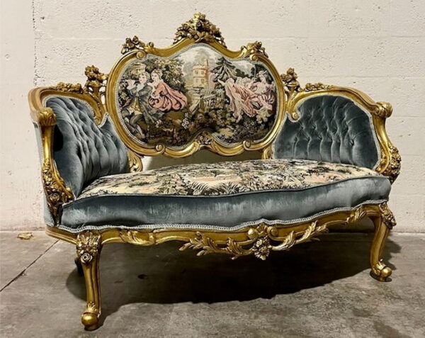 Daabadi Furniture Wholesale Classic Century French Louis XVI Sofa 2 Seater Gold Mahogany Fabric Dark Grey 7