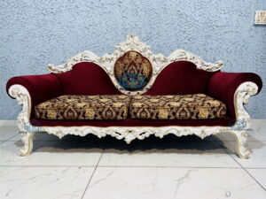 Daabadi Furniture Wholesale Classic Indian Sofa 2 Seater White-Duco Mahogany Fabric Red-Velvet 8