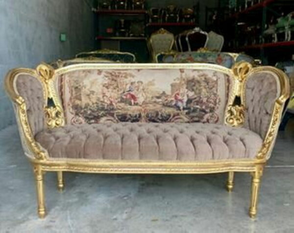 Daabadi Furniture Wholesale Classic Louise Sofa 2-Seater Painted Walnut Brown Mahogany Fabric Beige