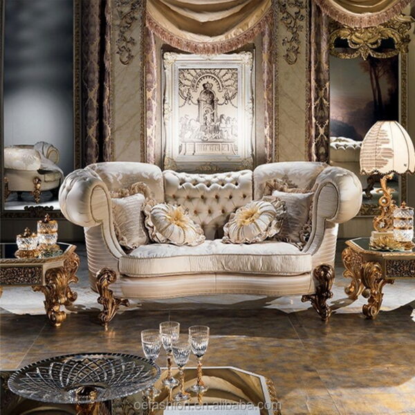 Daabadi Furniture Wholesale Classic European Sofa 2-Seater Painted White Mahogany Fabric Beige