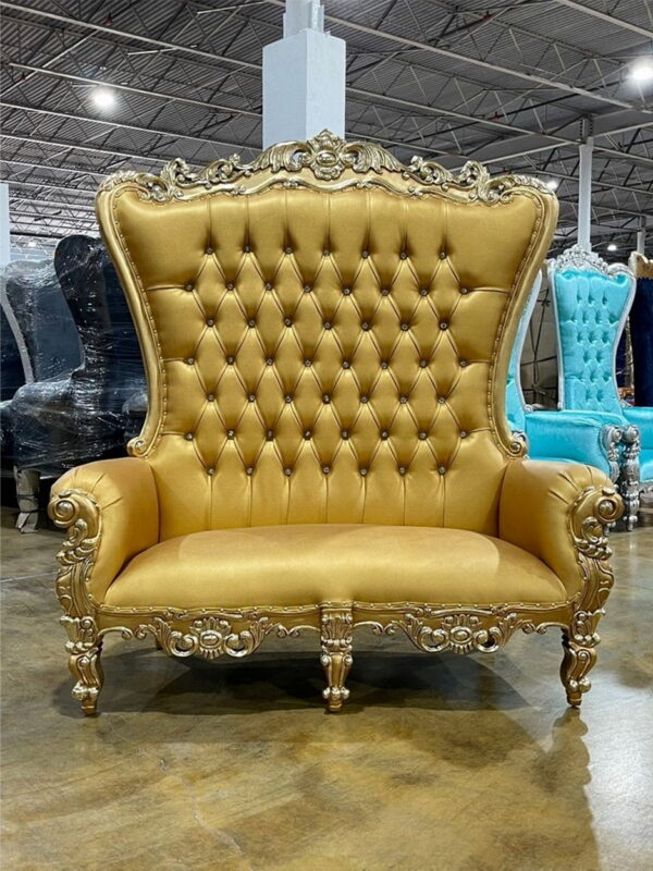 Daabadi Furniture Wholesale Classic Throne Sofa 2-Seater Painted Gold Mahogany Leather Gold