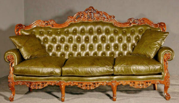 Daabadi Furniture Wholesale Classic French Style Sofa 3-Seater Painted Antique Brown Mahogany Leather Green