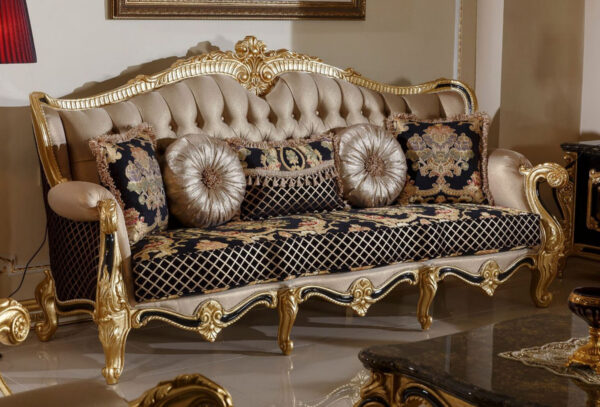 Daabadi Furniture Wholesale Classic European Style Sofa 3-Seater Painted Gold Mahogany Fabric Black Gold